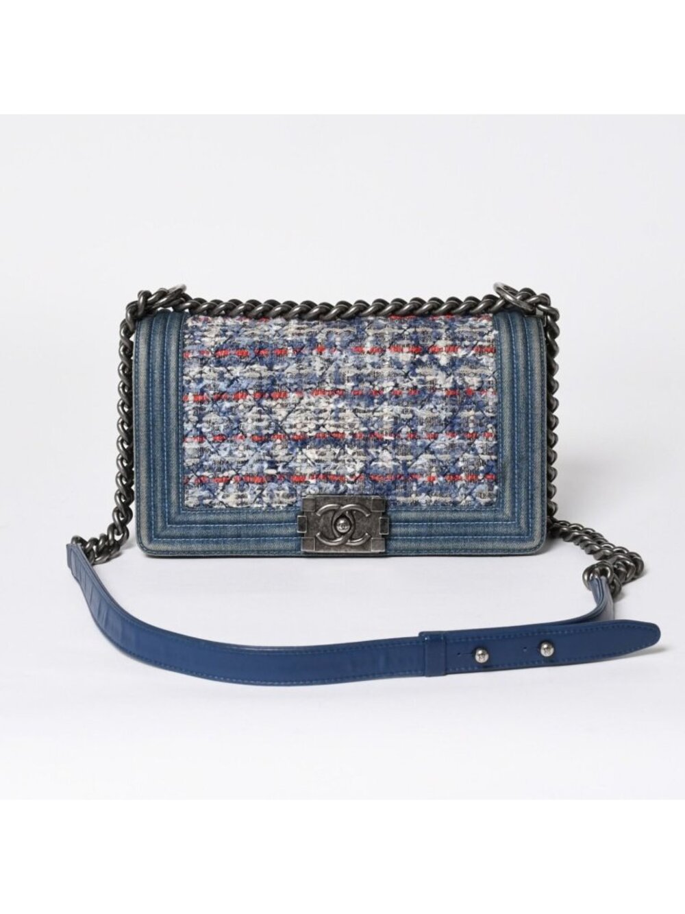 Chanel Boy Shoulder Bag Denim Tweed Blue Multicolor Black Metal